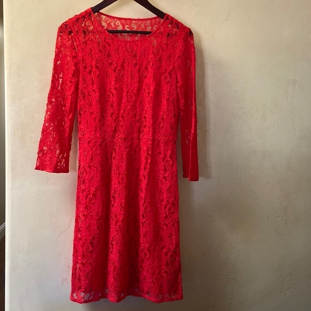 Sz 4 Broadway & Broome Red Lace 3/4 Sleeve Dress w/Red Slip - Picture 2 of 6